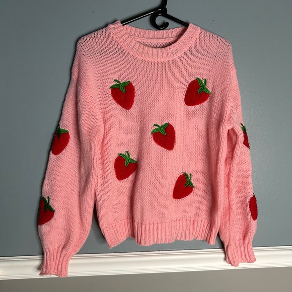 Sweaters - Cute Pink Strawberry Embroidered Knit Sweater Women's Size M Long Sleeve‎